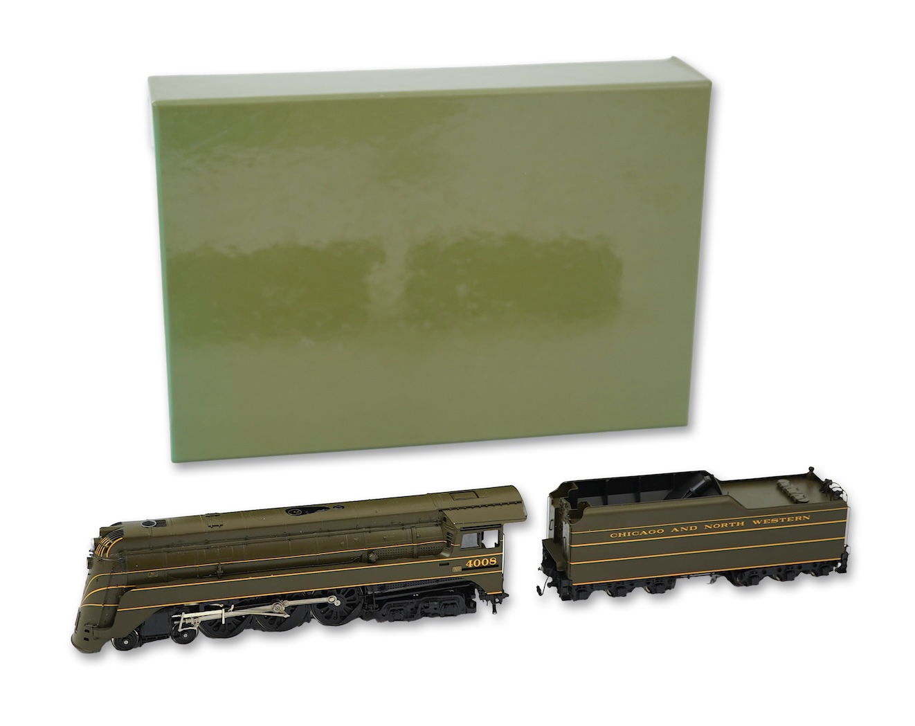 A boxed HO gauge Challenger Imports Ltd. model of Chicago and North Western Class E-4, 4008, streamlined 4-6-4 locomotive with bogie tender, powered for two rail operation.
